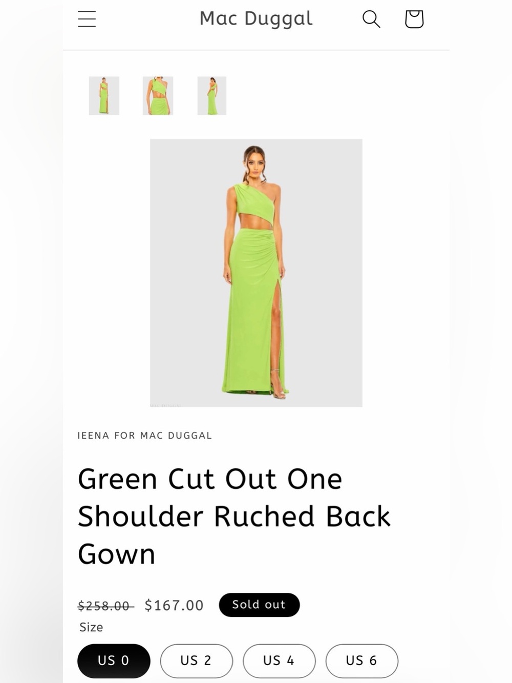 NEW Mac Duggal Lime Green One-Shoulder Cutout Ruched Gown